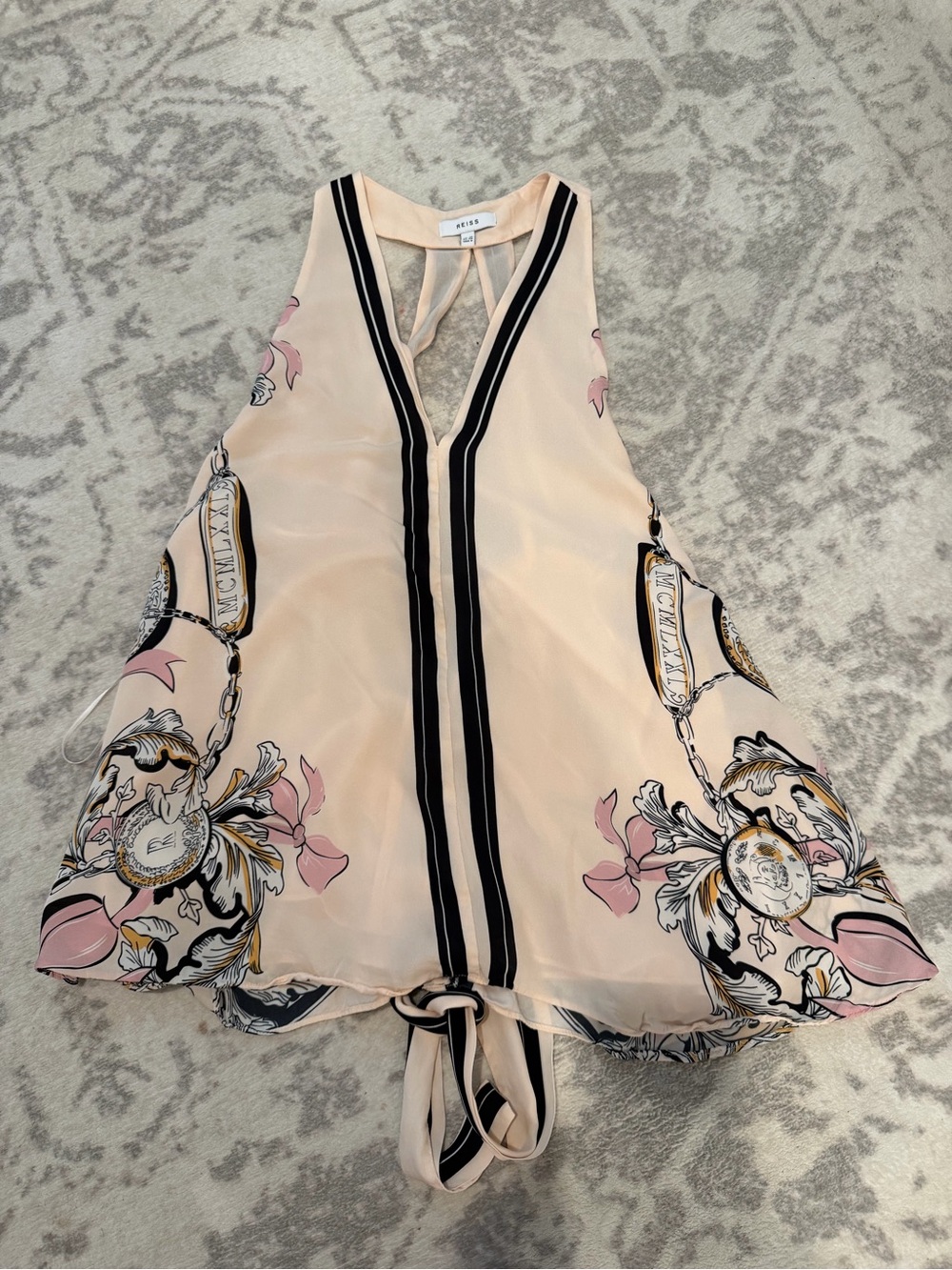 Reiss Blush Pink Floral-Print V-Neck Camisole with Black Trim